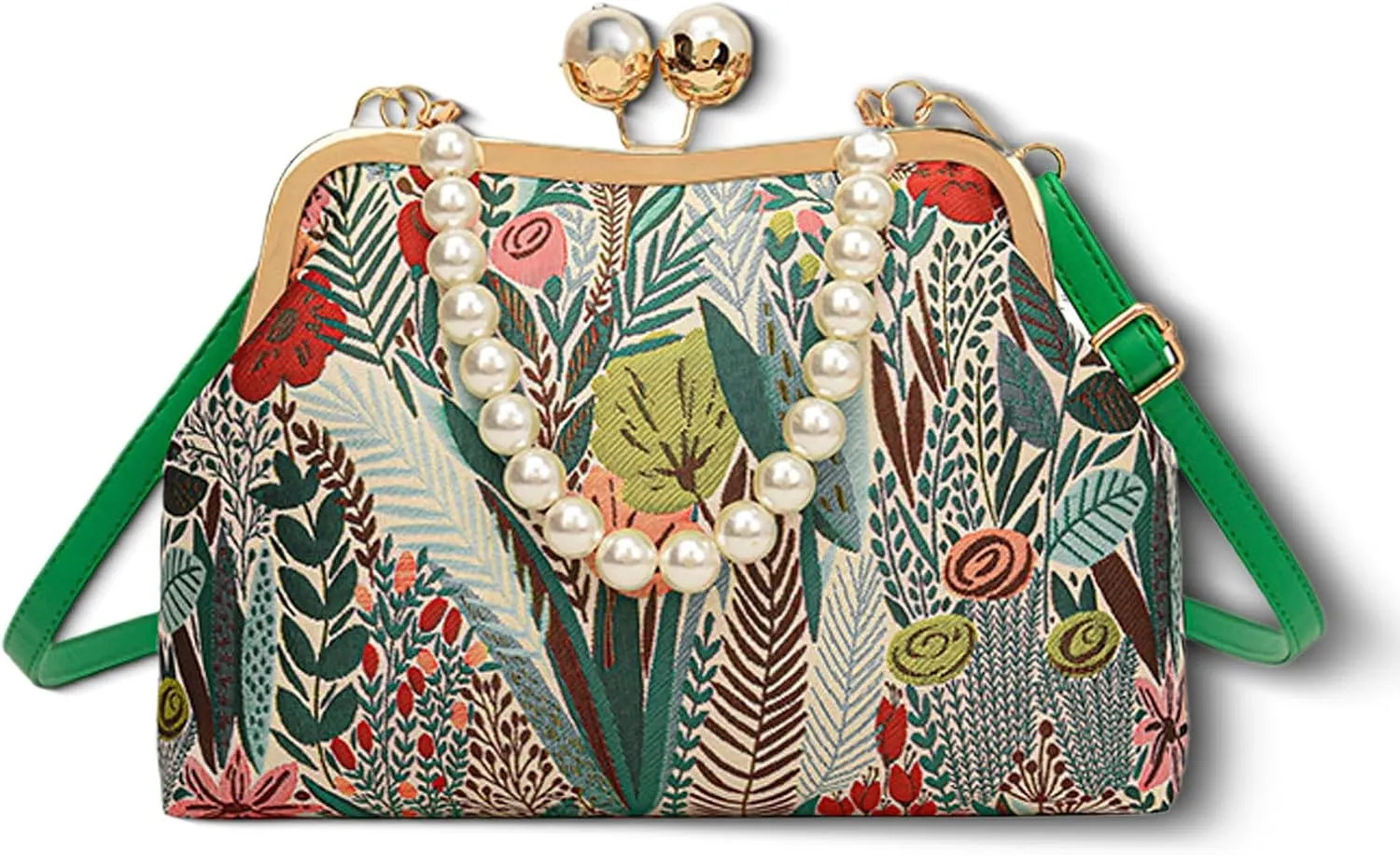 Vintage Embroidered Flower Handbag, Rustic Shoulder Bag with Pearl Kiss Lock Closure & Removable Strap for Women