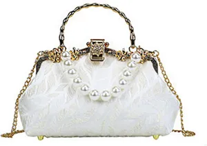 Vintage Embroidered Pearl Crossbody Bag with Chain and Handle Women's Evening Clutch for Wedding, Party, Prom