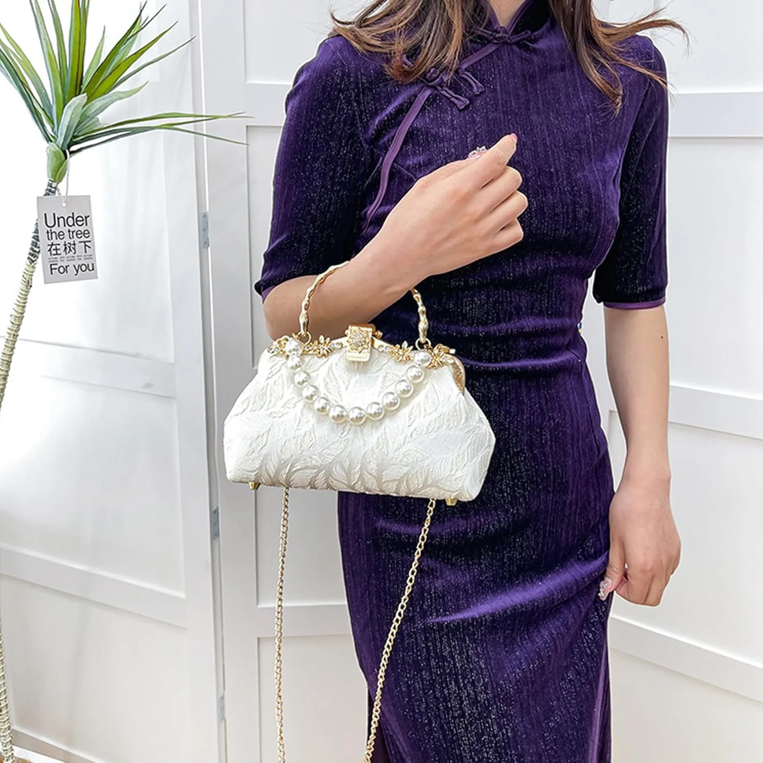 Vintage Embroidered Pearl Crossbody Bag with Chain and Handle Women's Evening Clutch for Wedding, Party, Prom
