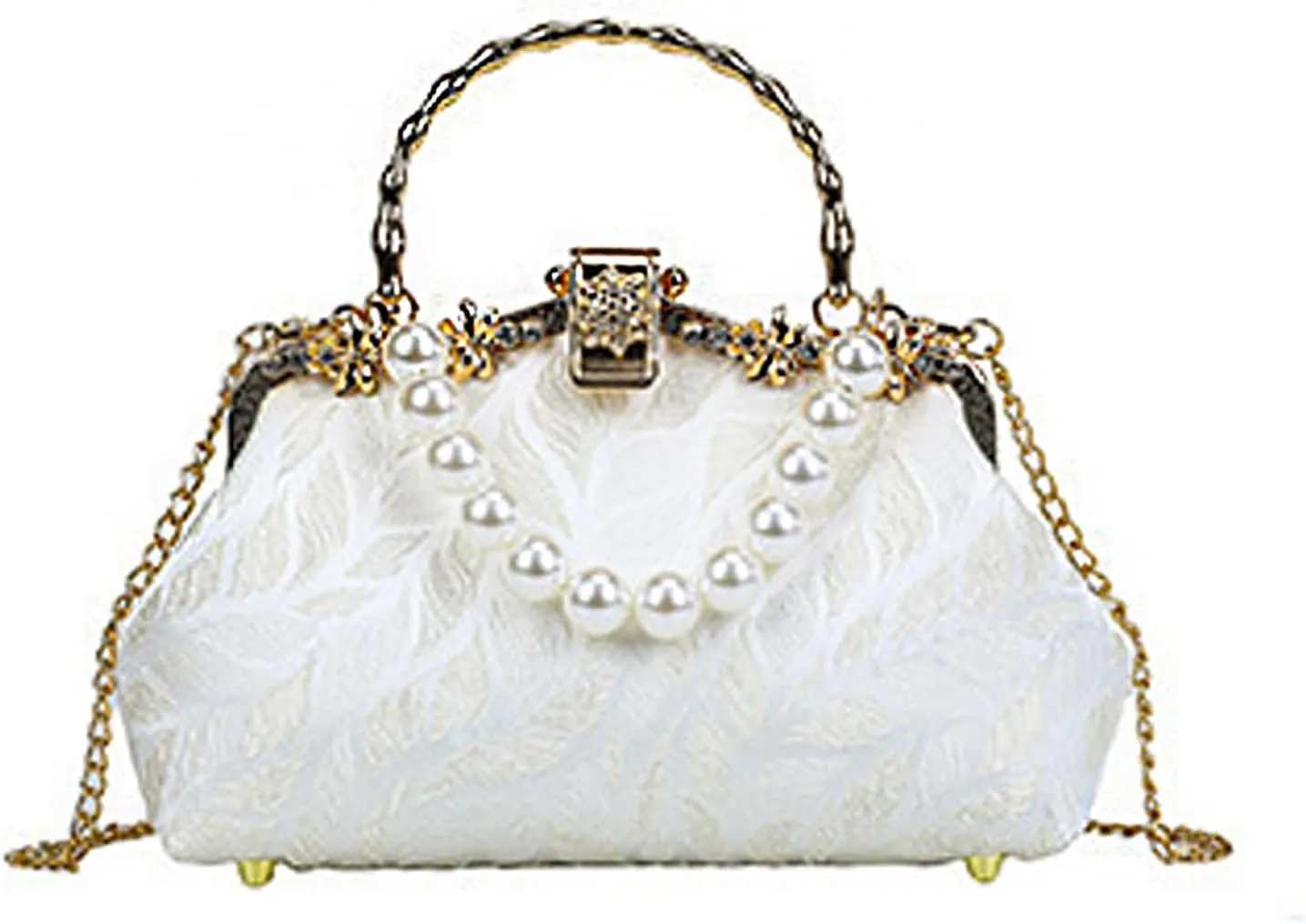 Vintage Embroidered Pearl Crossbody Bag with Chain and Handle Women's Evening Clutch for Wedding, Party, Prom
