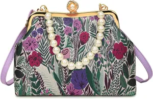 Vintage Floral Embroidery Handbag， Pearl Chain Crossbody Bag Kiss Lock Purse Evening Bag for Women