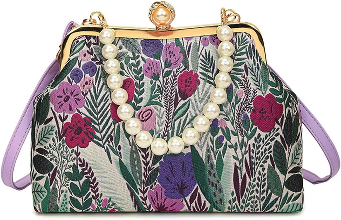 Vintage Floral Embroidery Handbag， Pearl Chain Crossbody Bag Kiss Lock Purse Evening Bag for Women