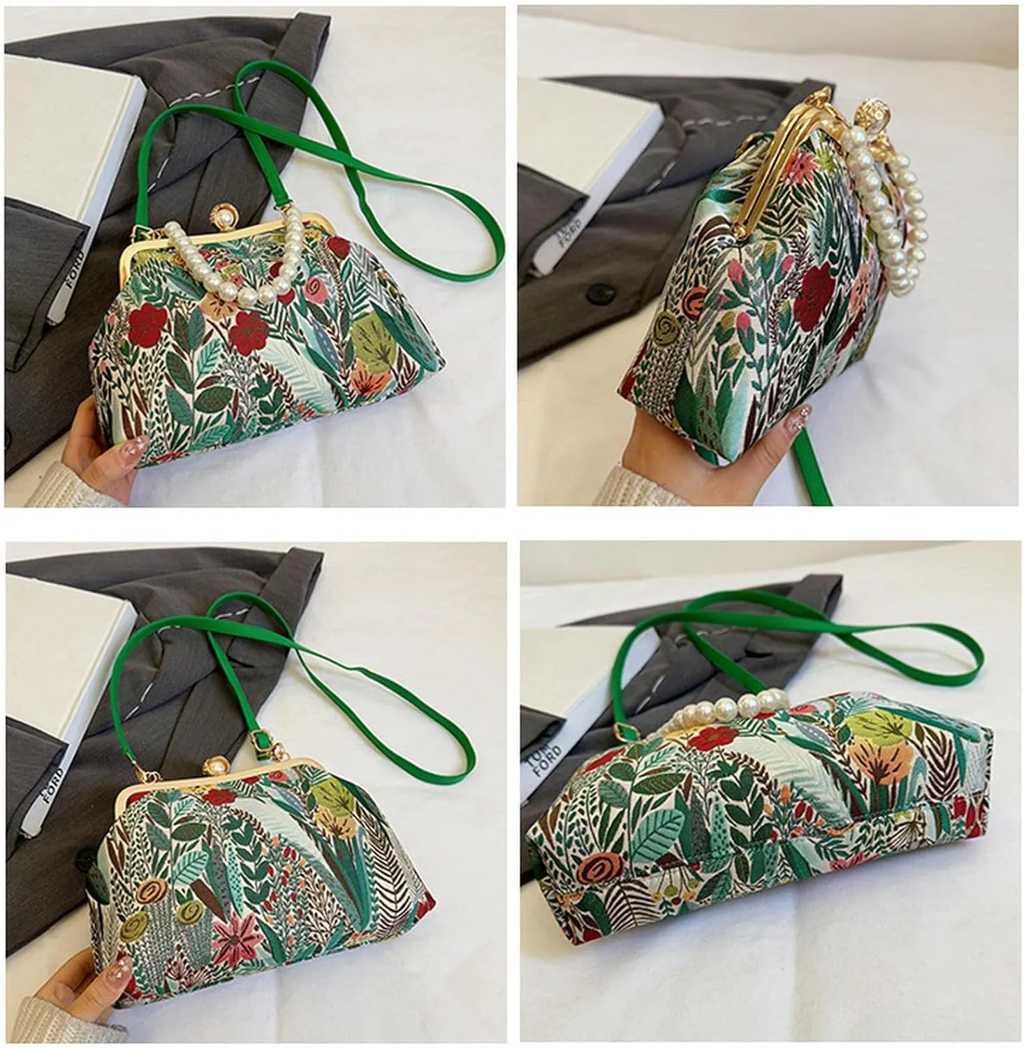 Vintage Floral Embroidery Handbag， Pearl Chain Crossbody Bag Kiss Lock Purse Evening Bag for Women
