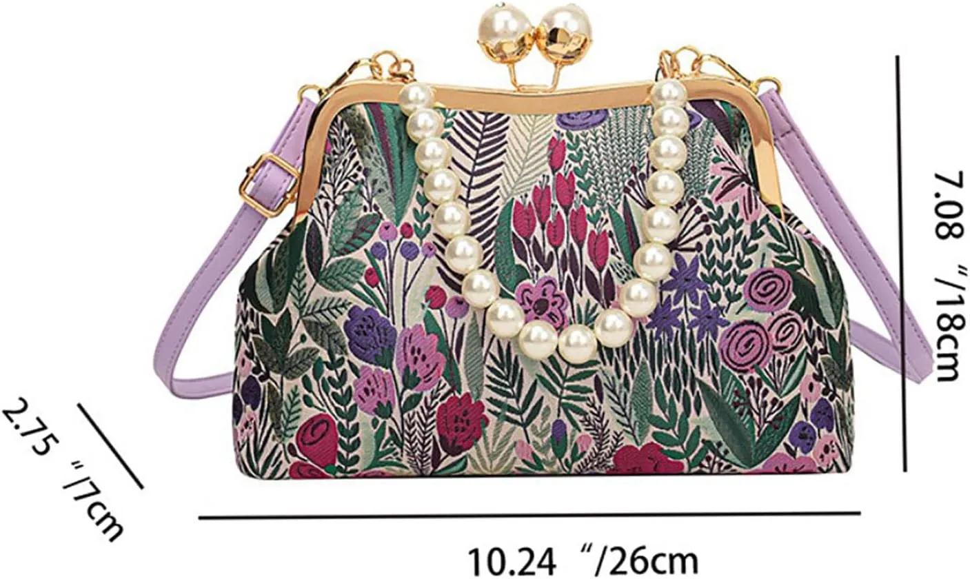 Vintage Floral Embroidery Handbag， Pearl Chain Crossbody Bag Kiss Lock Purse Evening Bag for Women