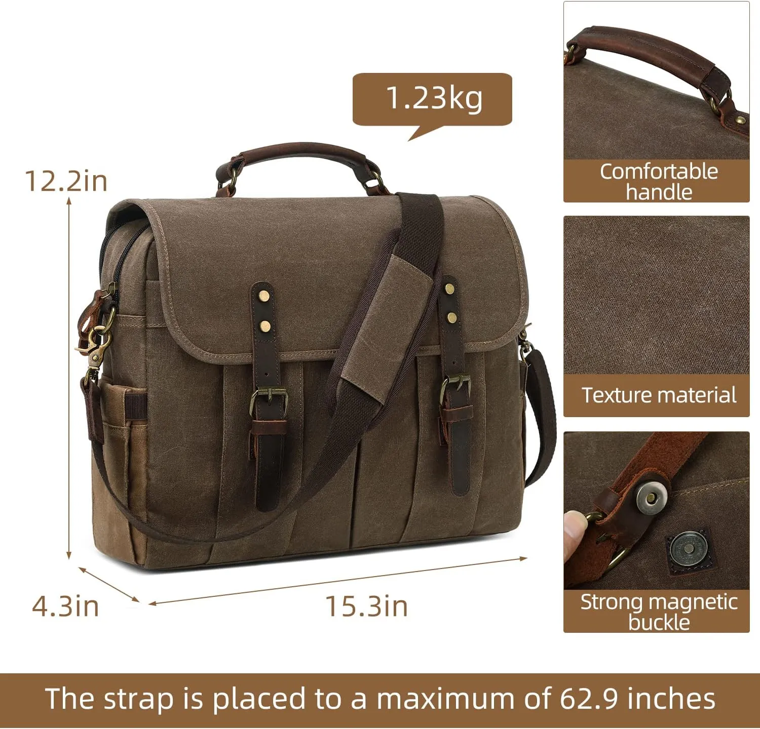 Vintage Mens Messenger Bag 15.6 inches Waterproof Genuine Leather Waxed Canvas Satchel Shoulder Bag Briefcase Laptop Bag with Charging,Headset Port,Brown