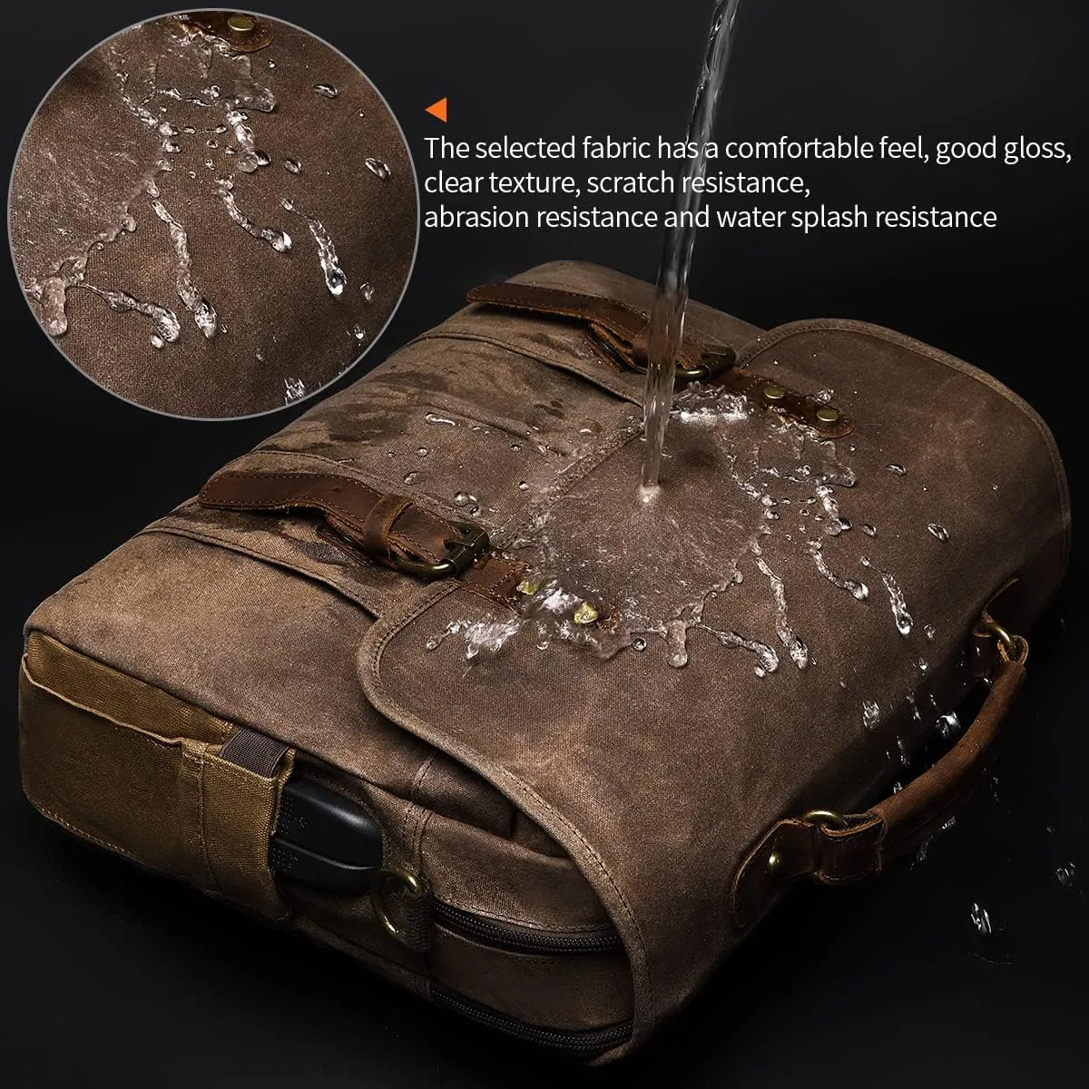 Vintage Mens Messenger Bag 15.6 inches Waterproof Genuine Leather Waxed Canvas Satchel Shoulder Bag Briefcase Laptop Bag with Charging,Headset Port,Brown