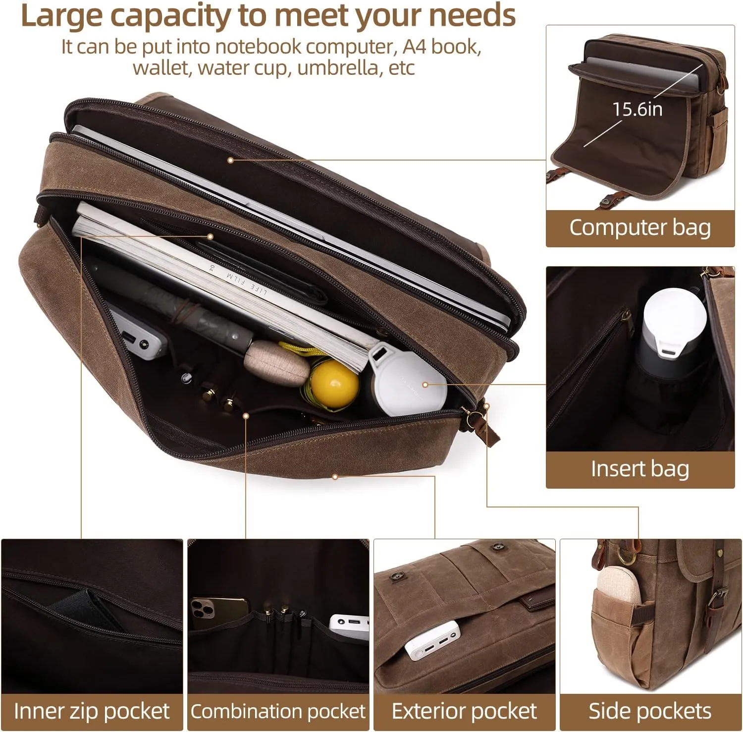 Vintage Mens Messenger Bag 15.6 inches Waterproof Genuine Leather Waxed Canvas Satchel Shoulder Bag Briefcase Laptop Bag with Charging,Headset Port,Brown