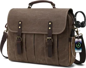 Vintage Mens Messenger Bag 15.6 inches Waterproof Genuine Leather Waxed Canvas Satchel Shoulder Bag Briefcase Laptop Bag with Charging,Headset Port,Brown