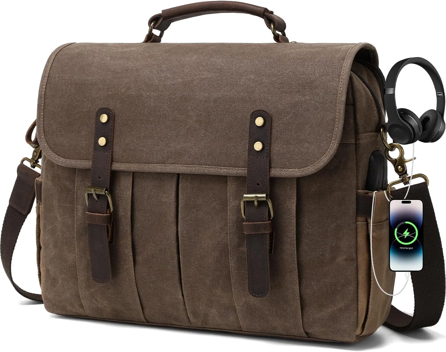 Vintage Mens Messenger Bag 15.6 inches Waterproof Genuine Leather Waxed Canvas Satchel Shoulder Bag Briefcase Laptop Bag with Charging,Headset Port,Brown