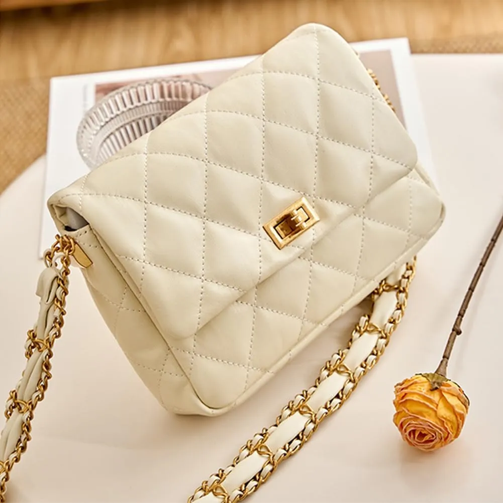 Vintage Quilted Fold Over Crossbody Bag Chain Strap Fashion Buckle Shoulder Purse Belt Bag for Women