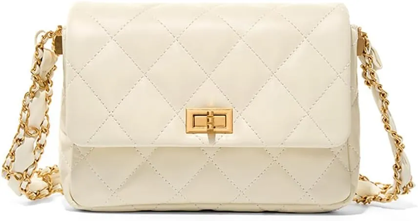 Vintage Quilted Fold Over Crossbody Bag Chain Strap Fashion Buckle Shoulder Purse Belt Bag for Women