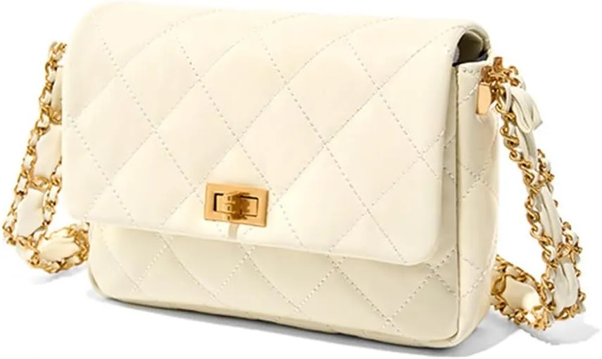 Vintage Quilted Fold Over Crossbody Bag Chain Strap Fashion Buckle Shoulder Purse Belt Bag for Women