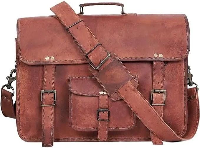 Vintage-Style Messenger Bag, Water and Scratch Resistant, Canvas Lining, Adjustable Strap for Laptop or Shoulder Carry, Brown
