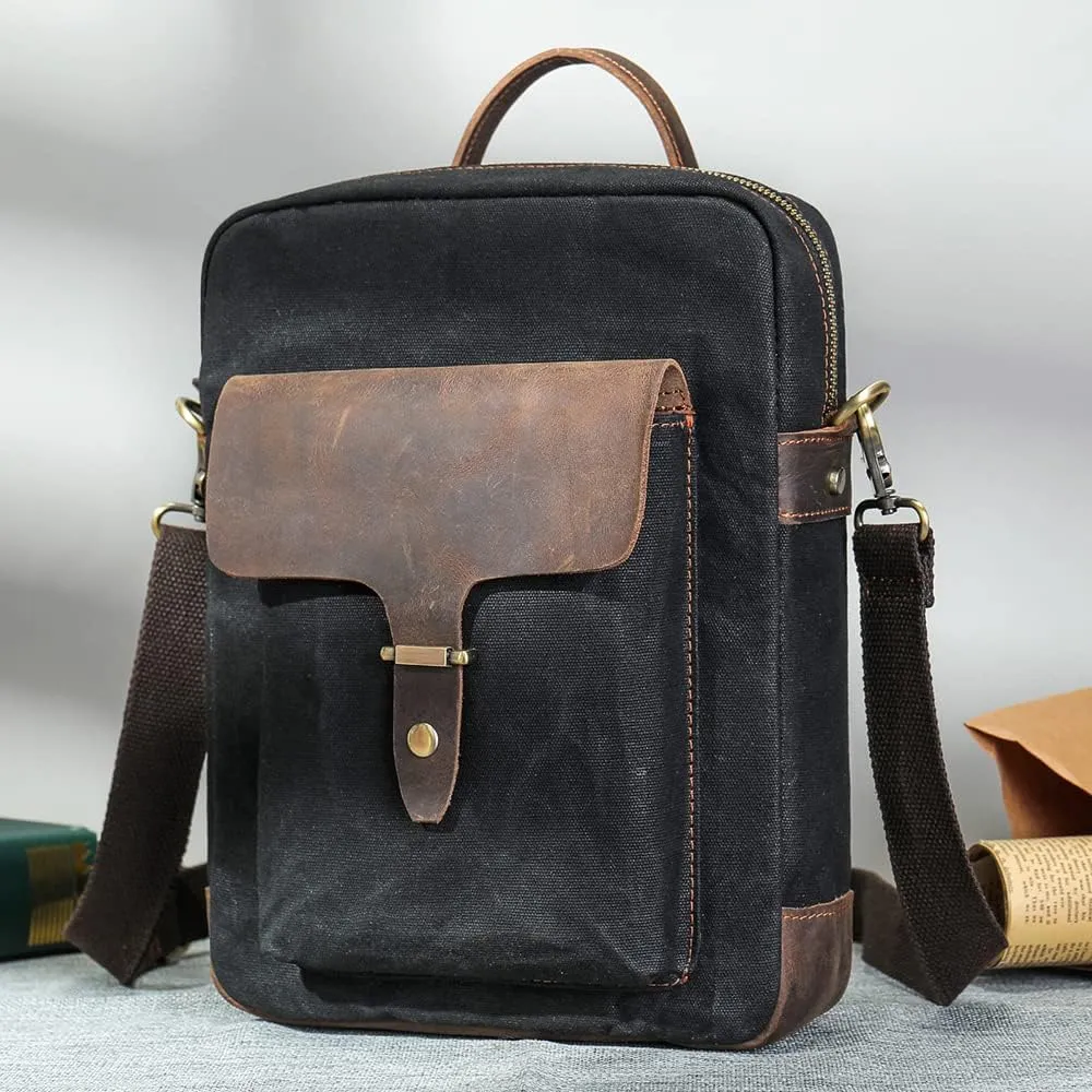Vintage Waxed Canvas Messenger Bag for Men & Women, Lightweight Crossbody Sling Bag with Genuine Leather Work Satchel