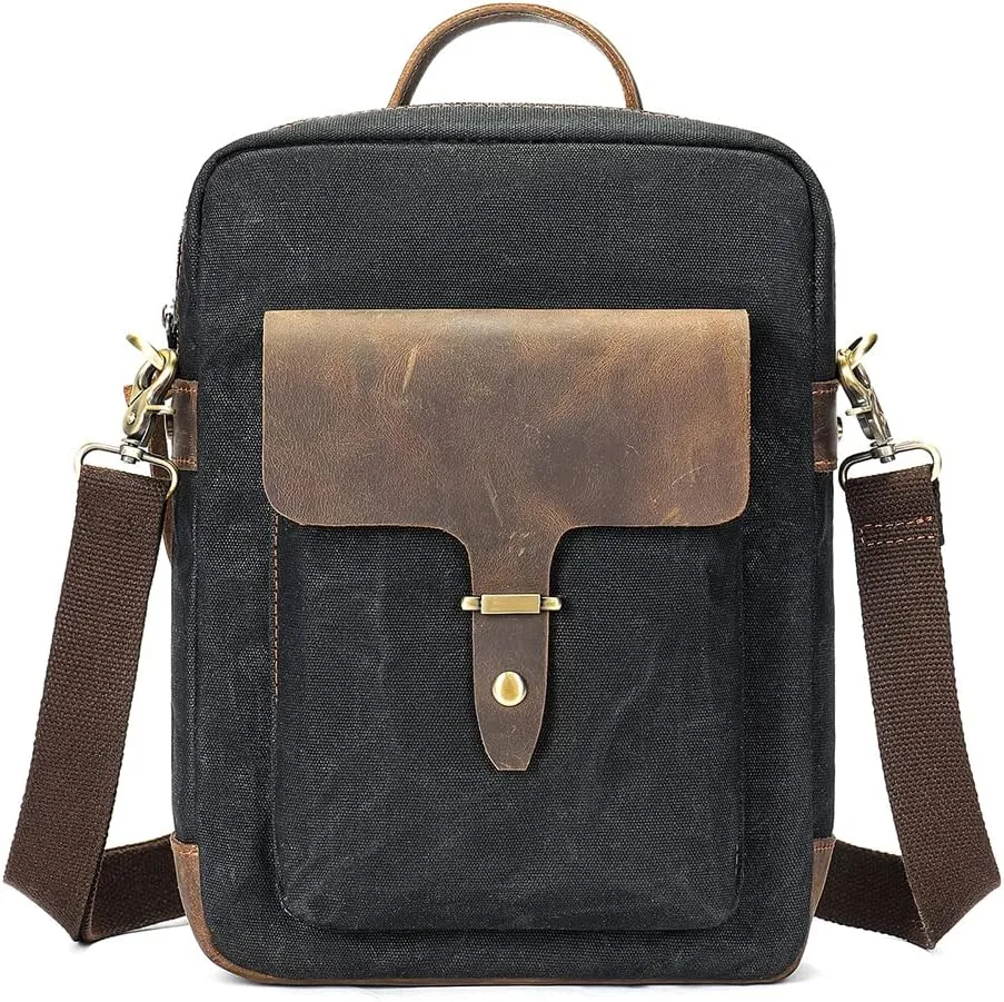 Vintage Waxed Canvas Messenger Bag for Men & Women, Lightweight Crossbody Sling Bag with Genuine Leather Work Satchel