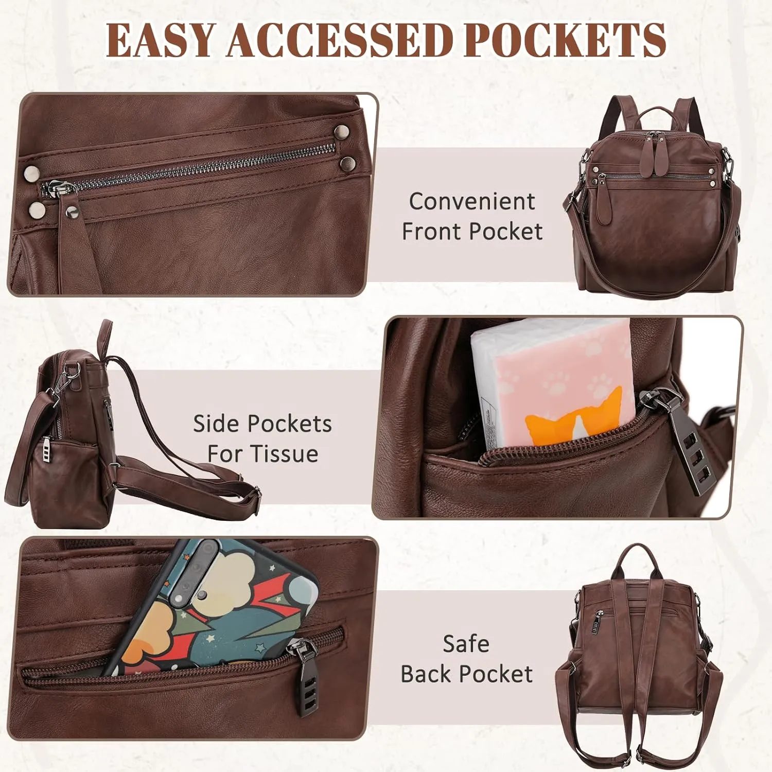 VX VONXURY Backpack Purse for Women, PU Leather Fashion Convertible Backpack Shoulder Bag Ladies Rucksack In 2 Ways To Carry