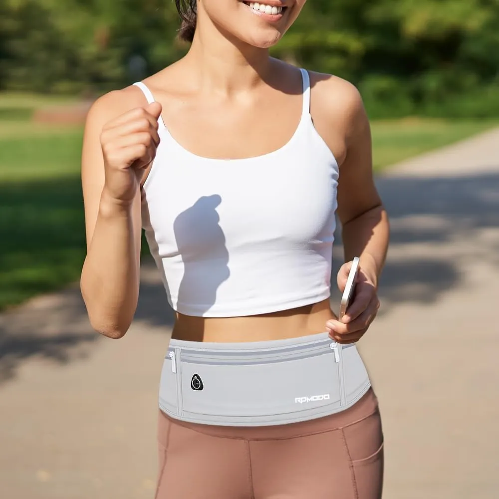 Water Resistant Fanny Pack，Slim Running Belt for Women Men，Waist Bag Running Phone Holder with 3 Zipper Pockets for iPhone 16 15 14 13 Samsung，Reflective Running Pouch for Walking Cycling Grey