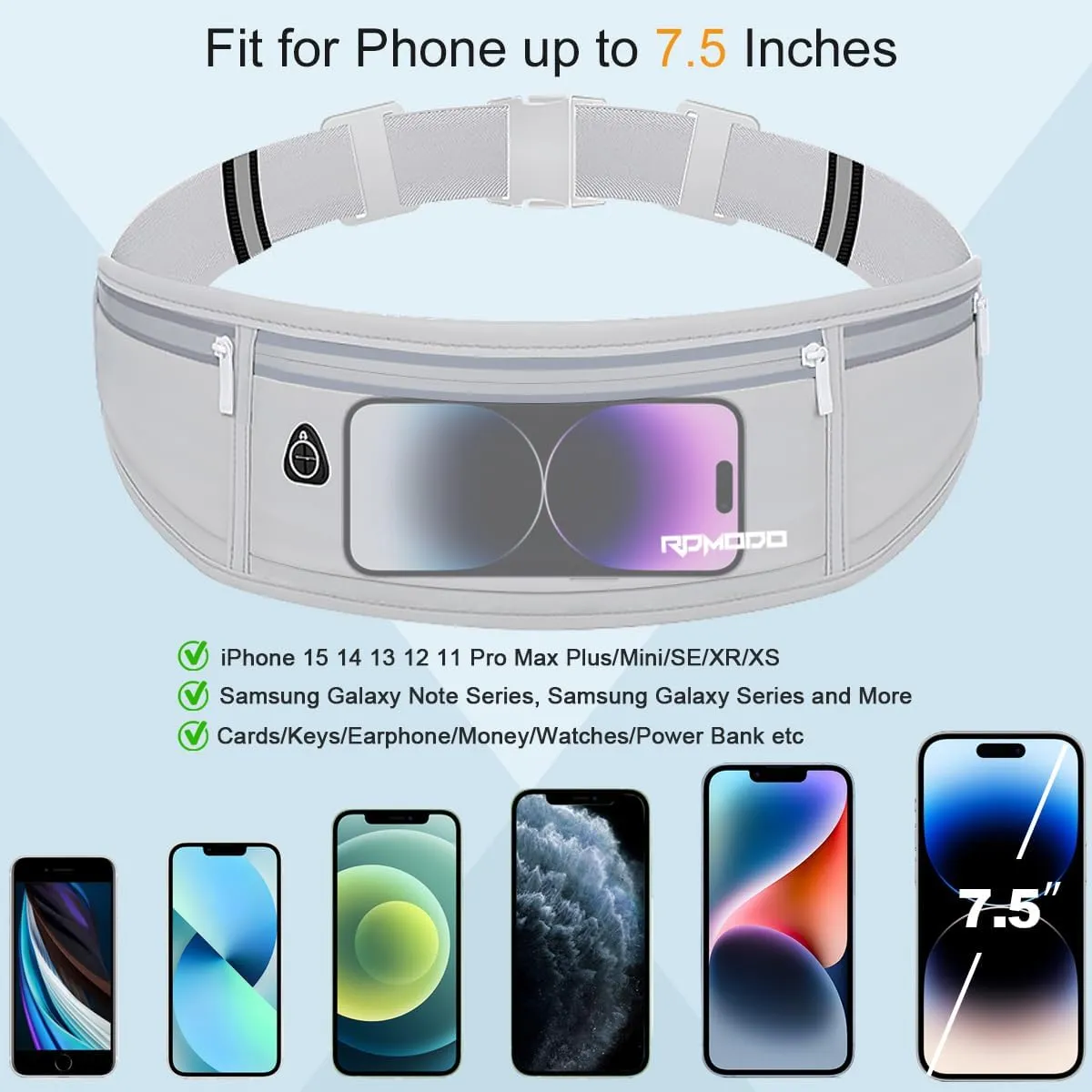Water Resistant Fanny Pack，Slim Running Belt for Women Men，Waist Bag Running Phone Holder with 3 Zipper Pockets for iPhone 16 15 14 13 Samsung，Reflective Running Pouch for Walking Cycling Grey