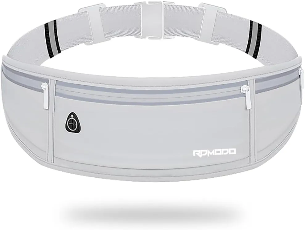 Water Resistant Fanny Pack，Slim Running Belt for Women Men，Waist Bag Running Phone Holder with 3 Zipper Pockets for iPhone 16 15 14 13 Samsung，Reflective Running Pouch for Walking Cycling Grey