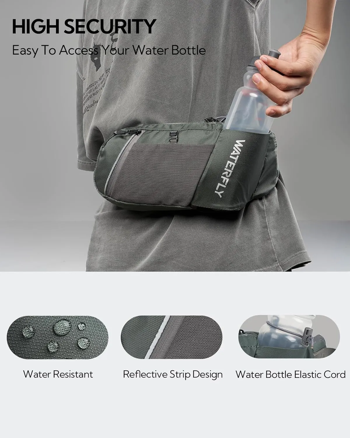 WATERFLY Fanny Pack Waist Bag: Hiking Water Bottle Holder with Strap Waist Pack for Women Men Hydration Hip Packs for Running Walking Traveling-Green