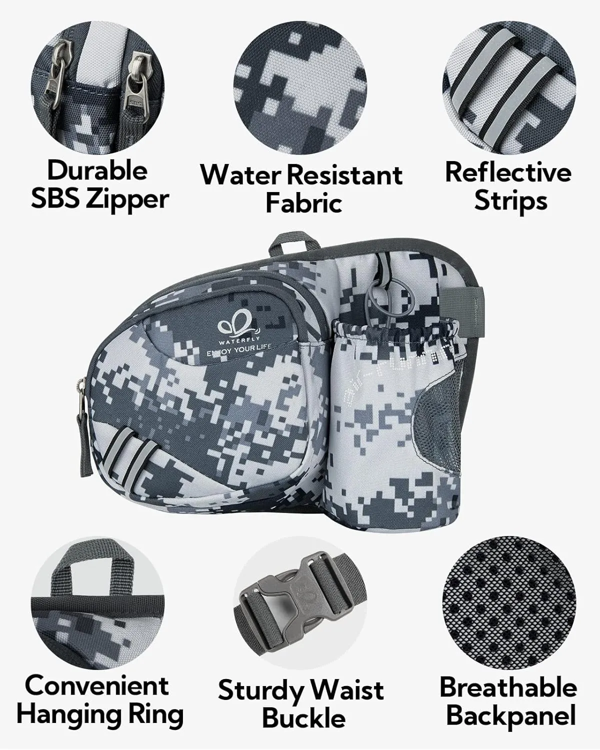WATERFLY Fanny Pack Waist Bag: Waist Pack for Women Men with Water Bottle Holder Hiking Fanny Pack for Running Walking DogWalking Travel Cycling