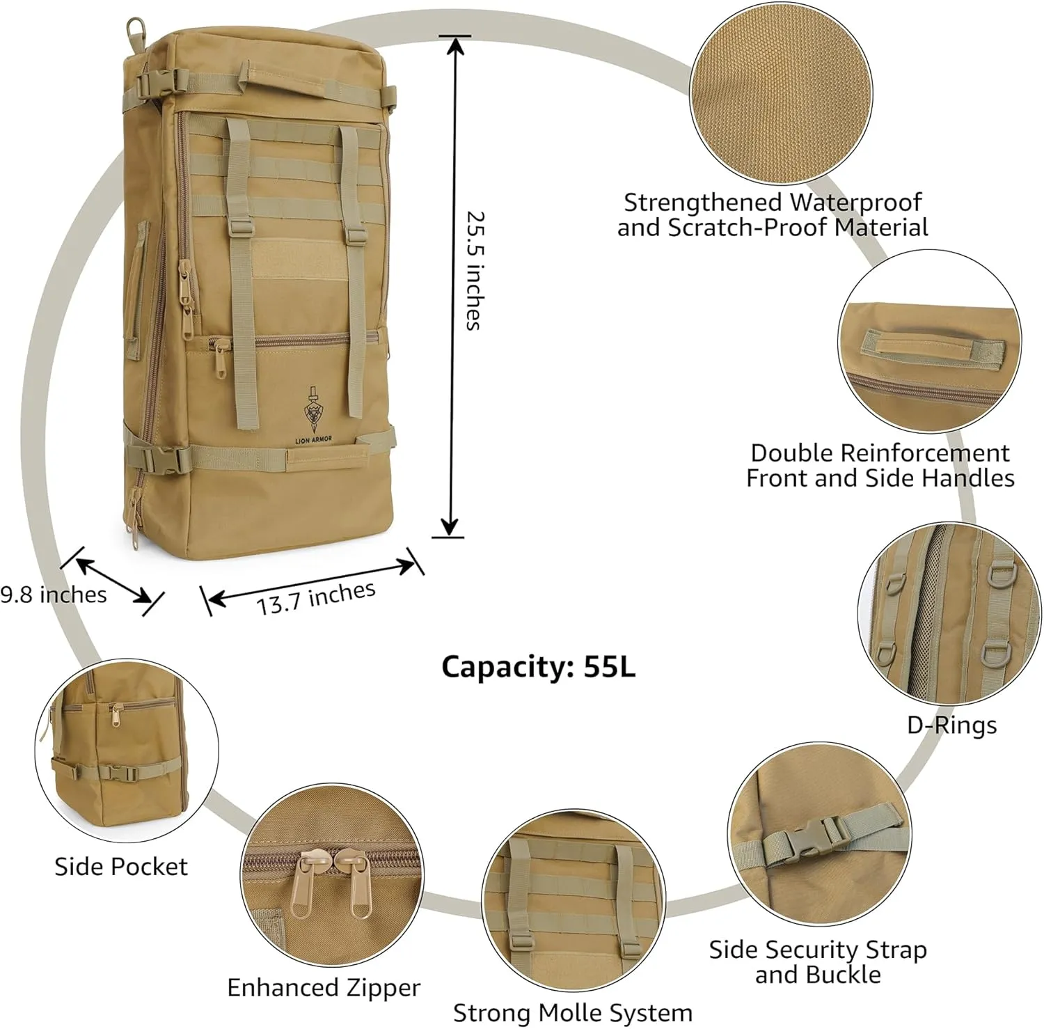 Waterproof Tactical Duffle Backpack, 55L, Cargo Model (Khaki)