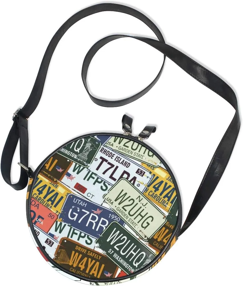 WellLee Retro Auto License Plates Round Crossbody Bag Purse Messenger Bag
