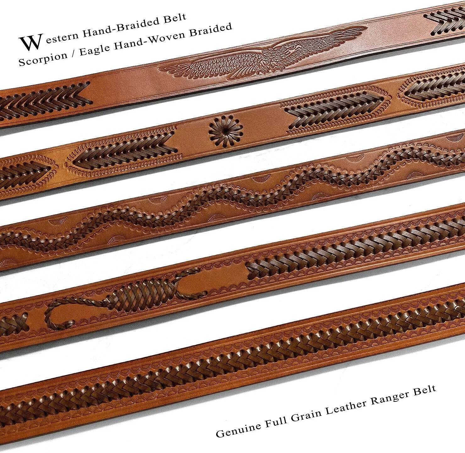 Western Hand-Braided Belt Genuine Full Grain Leather Casual Jean Belt 1-1/2"(38mm) Wide, Assembled in the U.S