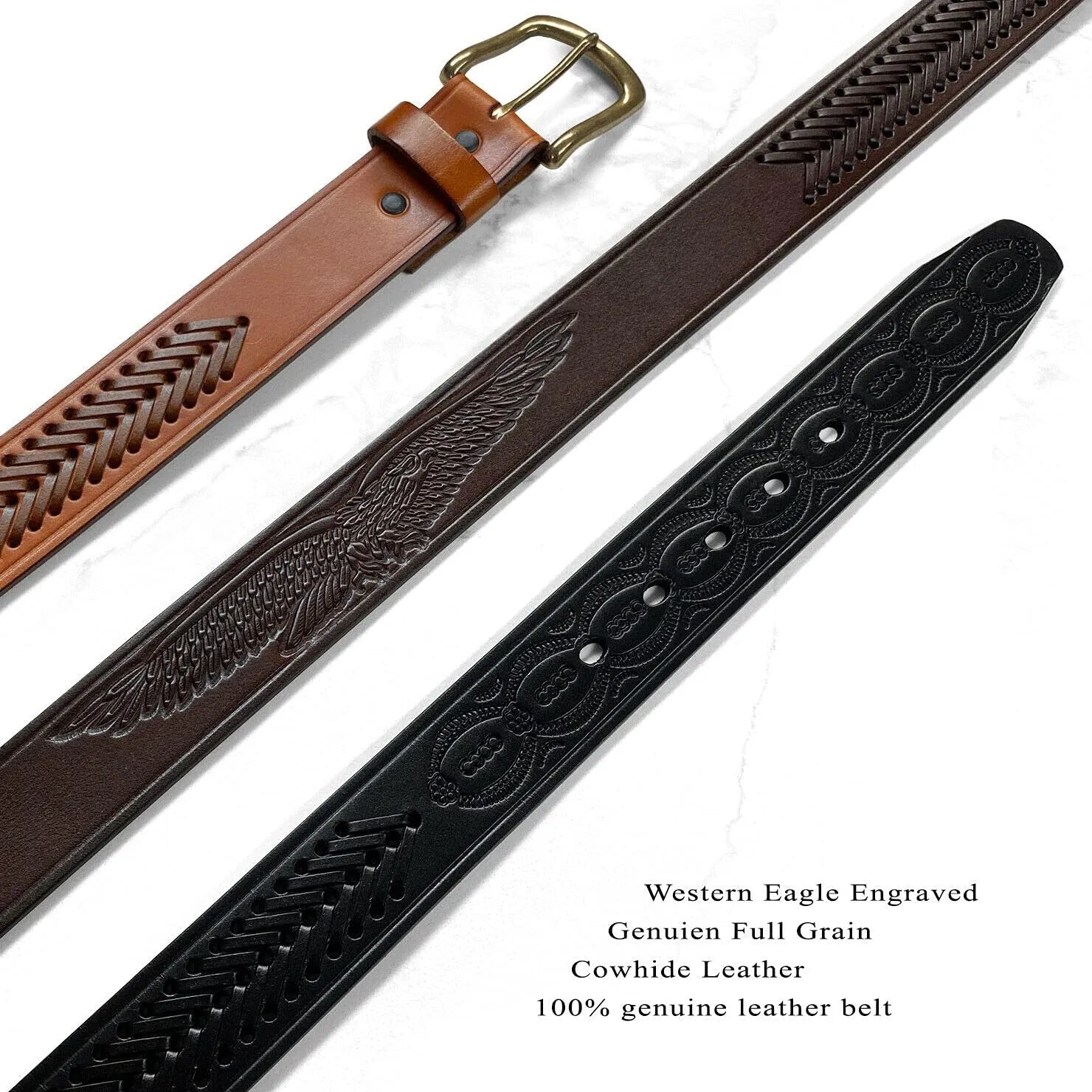 Western Hand-Braided Belt Genuine Full Grain Leather Casual Jean Belt 1-1/2"(38mm) Wide, Assembled in the U.S