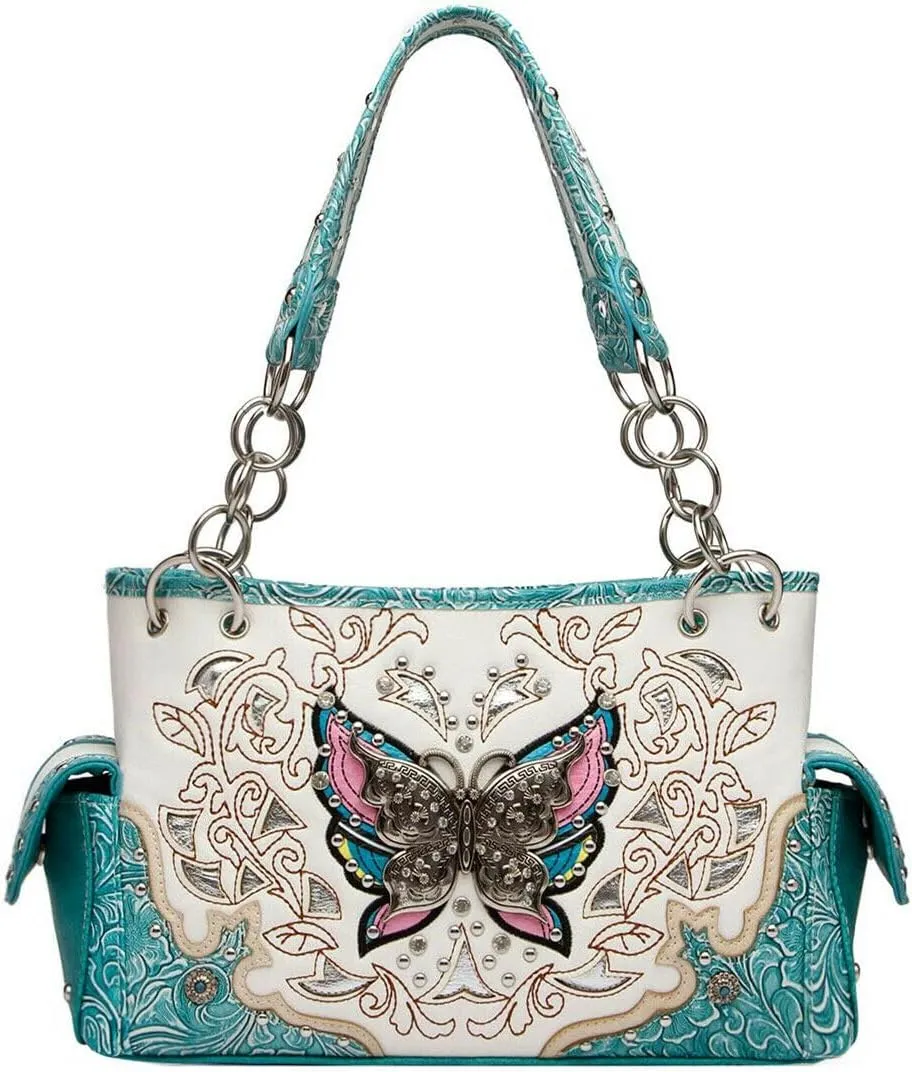 Western Style Springtime Embroidery Butterfly Floral Leather Totes Purse Country Handbag Women Shoulder Bag Wallet Set