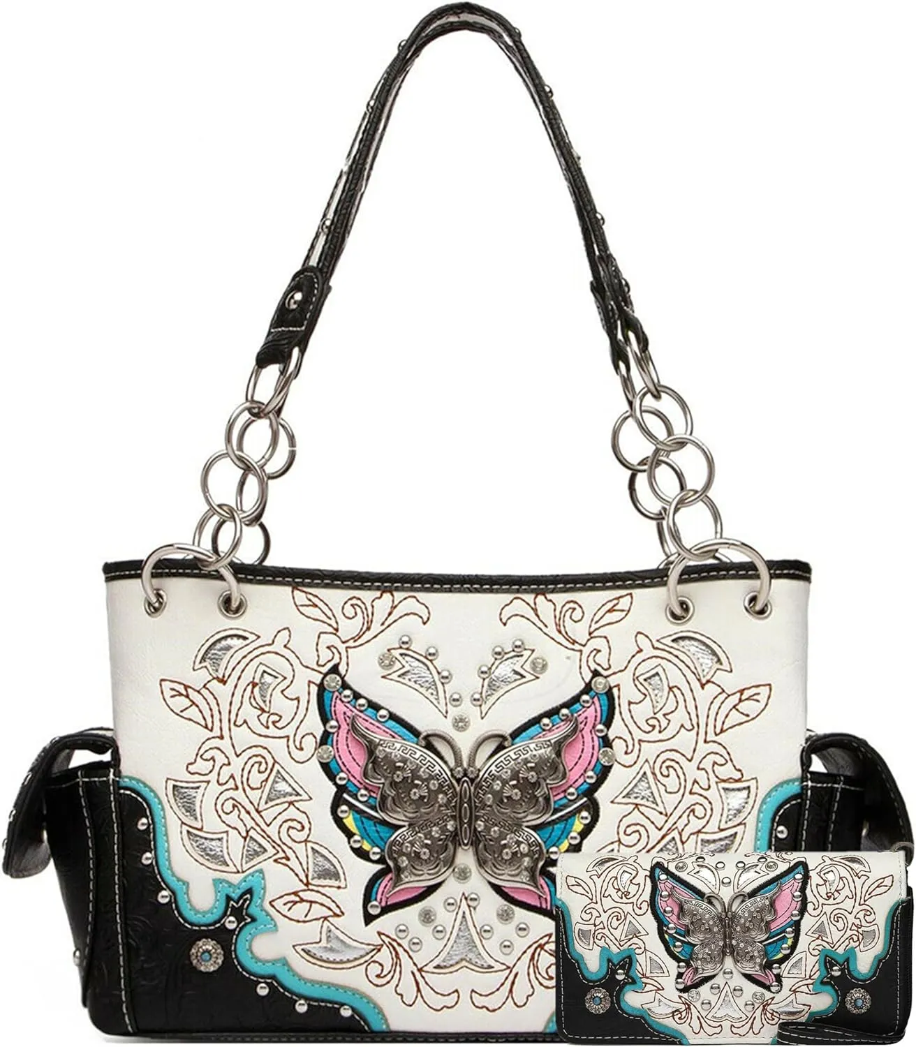 Western Style Springtime Embroidery Butterfly Floral Leather Totes Purse Country Handbag Women Shoulder Bag Wallet Set