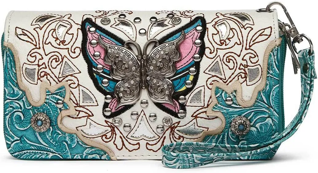 Western Style Springtime Embroidery Butterfly Floral Leather Totes Purse Country Handbag Women Shoulder Bag Wallet Set