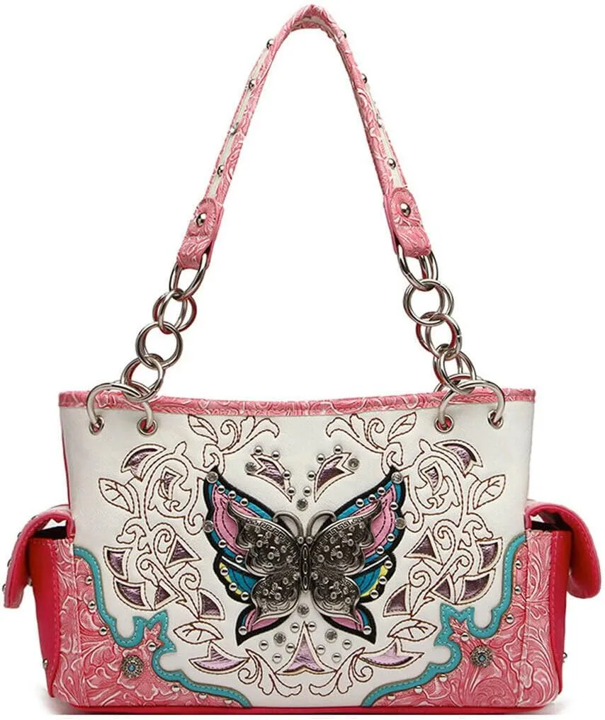 Western Style Springtime Embroidery Butterfly Floral Leather Totes Purse Country Handbag Women Shoulder Bag Wallet Set