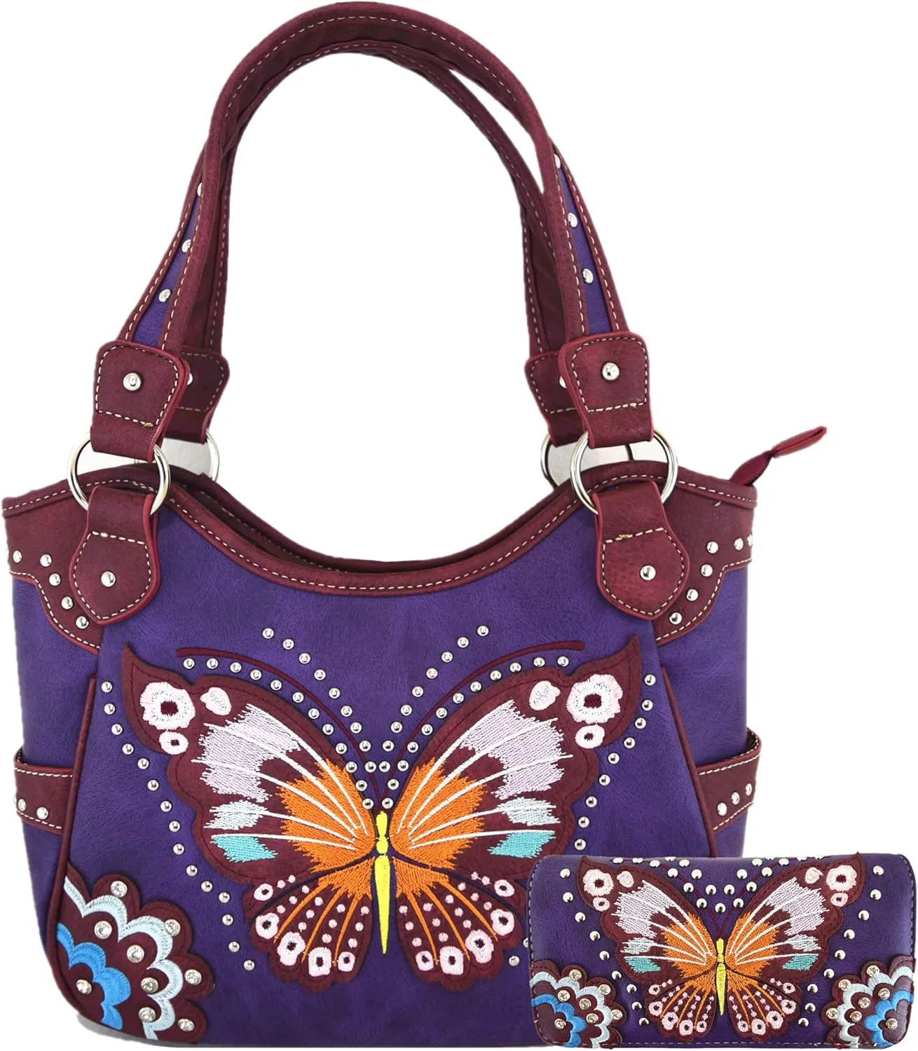 Western Style Springtime Embroidery Butterfly Floral Leather Totes Purse Country Handbag Women Shoulder Bag Wallet Set