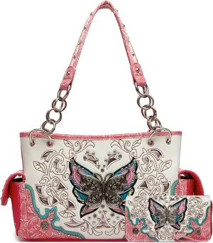 Western Style Springtime Embroidery Butterfly Floral Leather Totes Purse Country Handbag Women Shoulder Bag Wallet Set