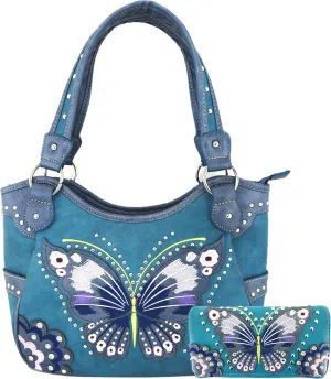 Western Style Springtime Embroidery Butterfly Floral Leather Totes Purse Country Handbag Women Shoulder Bag Wallet Set