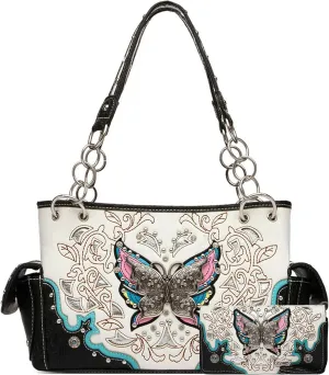 Western Style Springtime Embroidery Butterfly Floral Leather Totes Purse Country Handbag Women Shoulder Bag Wallet Set