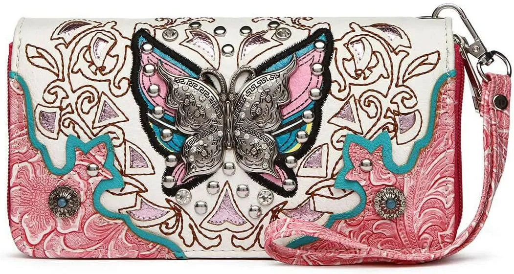 Western Style Springtime Embroidery Butterfly Floral Leather Totes Purse Country Handbag Women Shoulder Bag Wallet Set