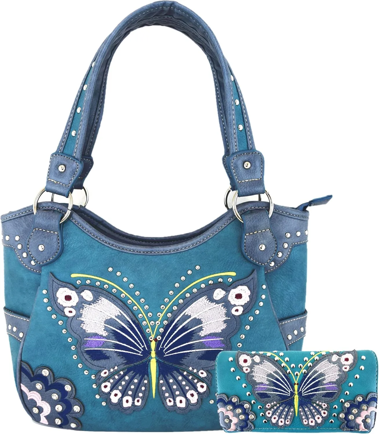 Western Style Springtime Embroidery Butterfly Floral Leather Totes Purse Country Handbag Women Shoulder Bag Wallet Set
