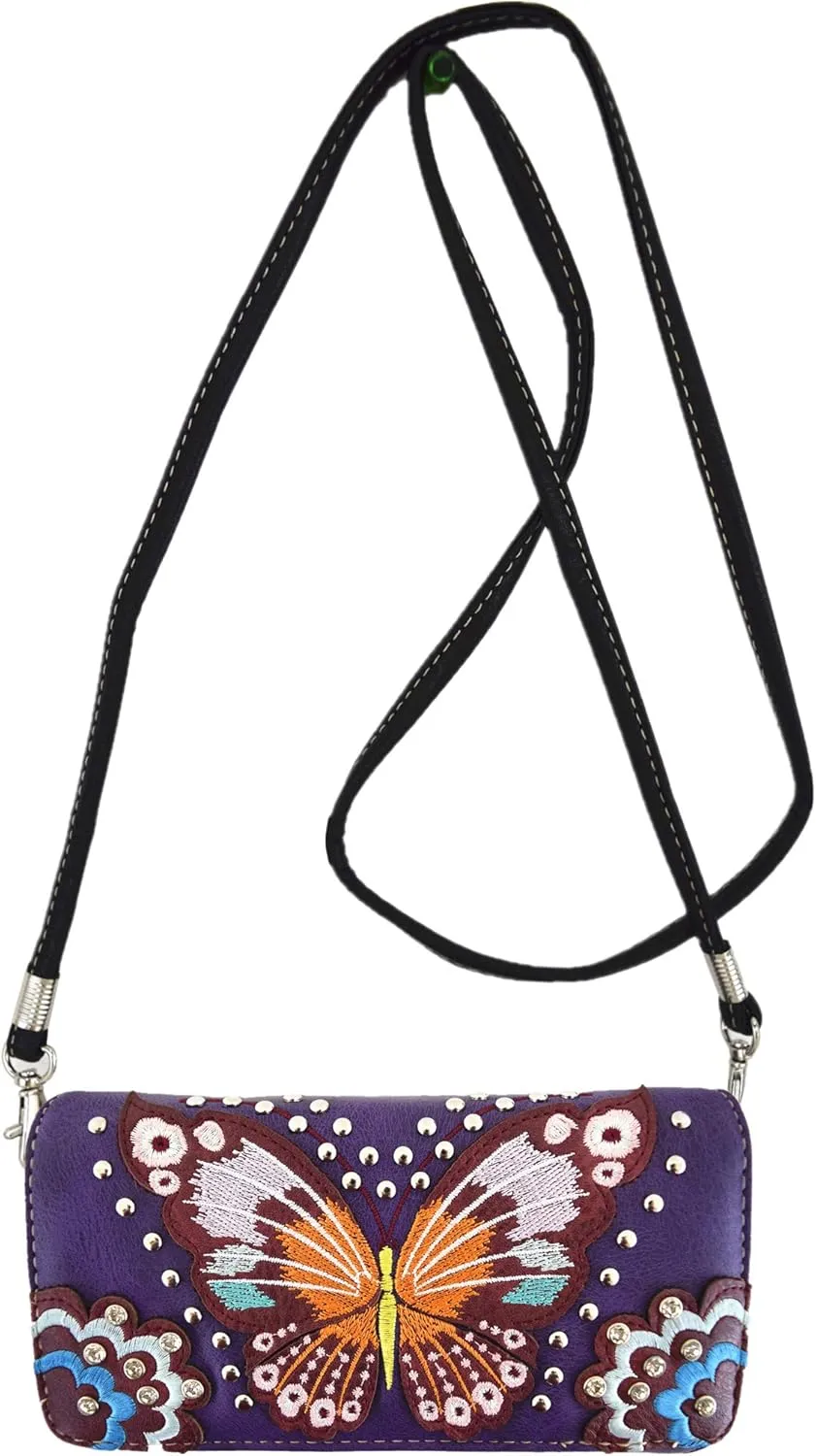 Western Style Springtime Embroidery Butterfly Floral Leather Totes Purse Country Handbag Women Shoulder Bag Wallet Set