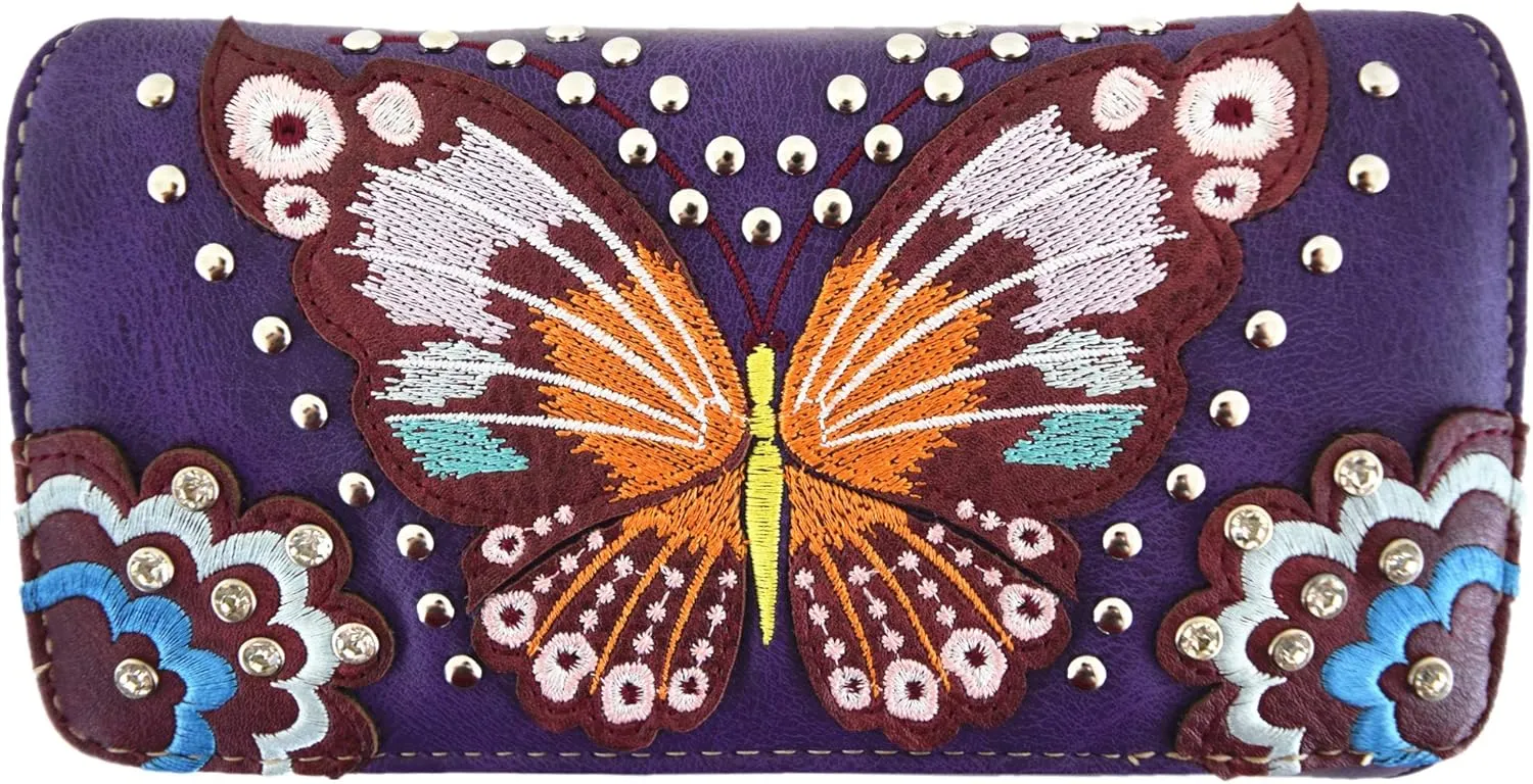 Western Style Springtime Embroidery Butterfly Floral Leather Totes Purse Country Handbag Women Shoulder Bag Wallet Set