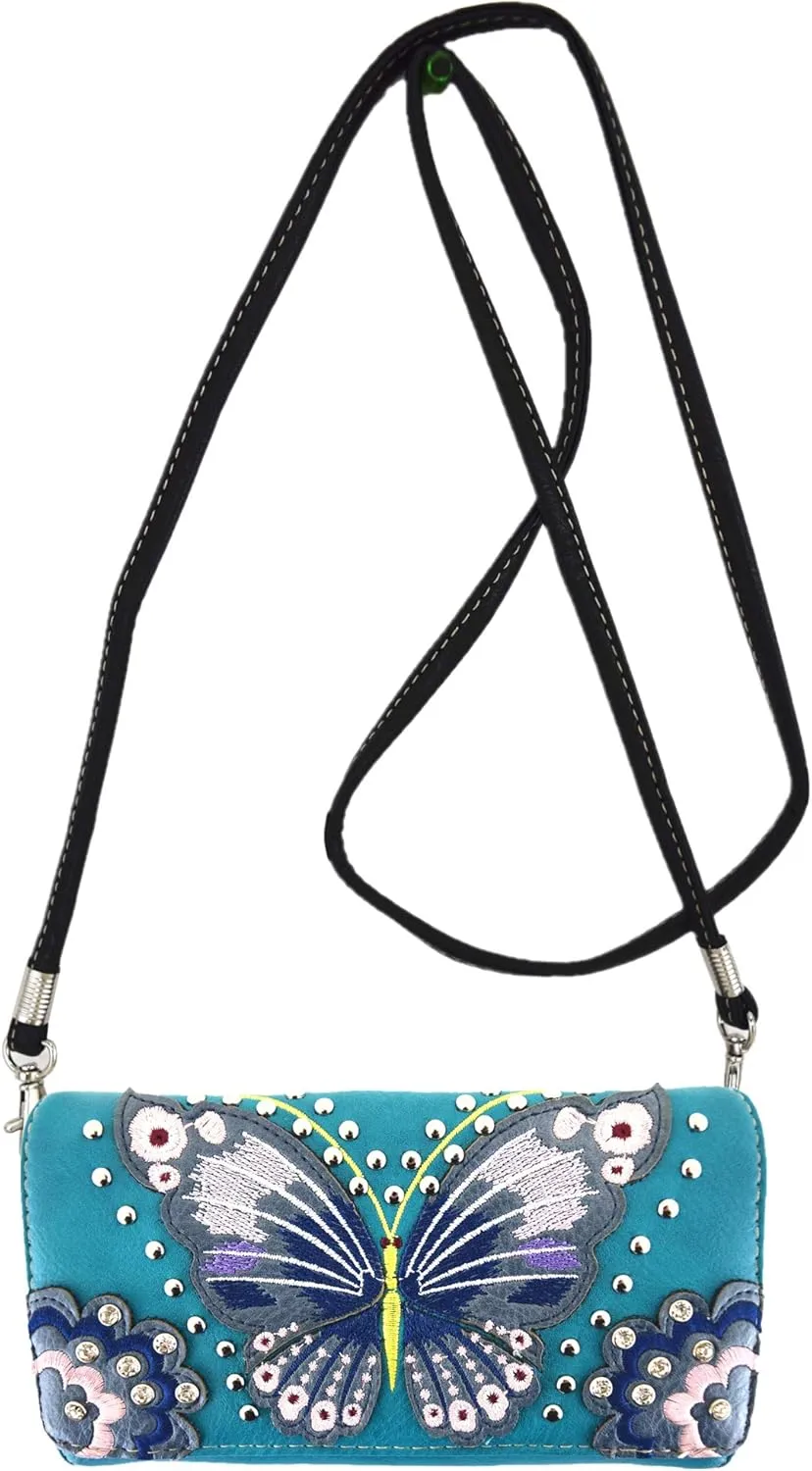 Western Style Springtime Embroidery Butterfly Floral Leather Totes Purse Country Handbag Women Shoulder Bag Wallet Set