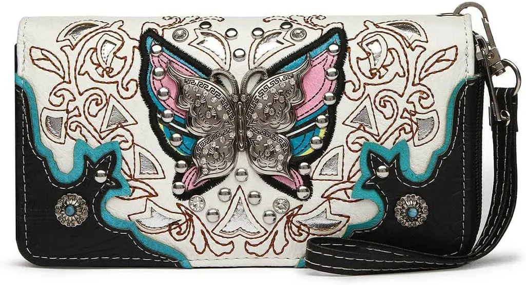Western Style Springtime Embroidery Butterfly Floral Leather Totes Purse Country Handbag Women Shoulder Bag Wallet Set