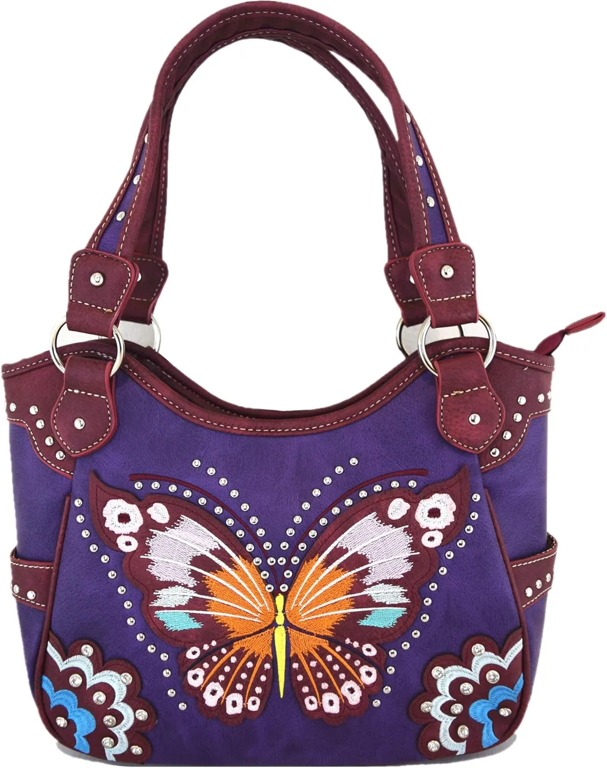 Western Style Springtime Embroidery Butterfly Floral Leather Totes Purse Country Handbag Women Shoulder Bag Wallet Set
