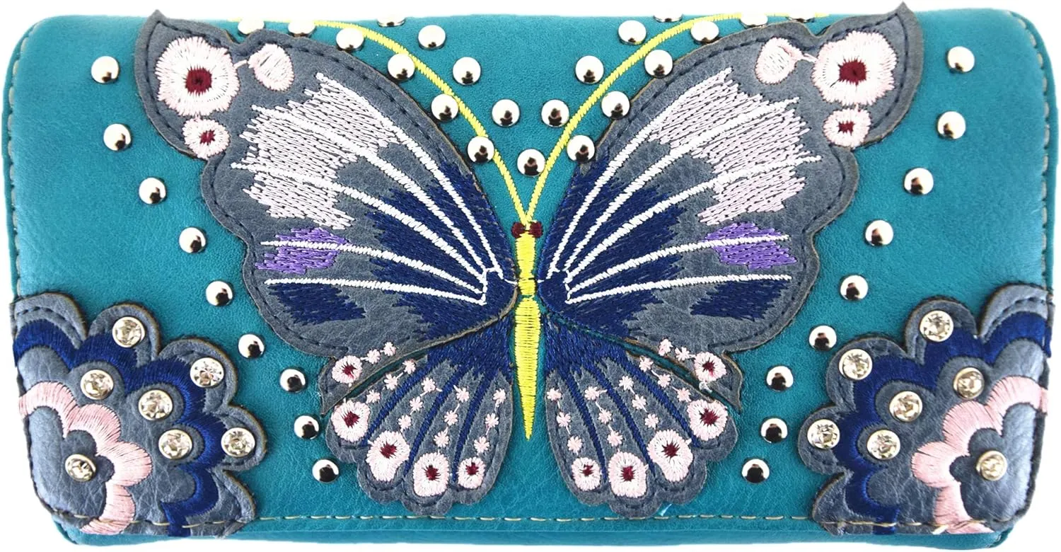 Western Style Springtime Embroidery Butterfly Floral Leather Totes Purse Country Handbag Women Shoulder Bag Wallet Set