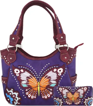 Western Style Springtime Embroidery Butterfly Floral Leather Totes Purse Country Handbag Women Shoulder Bag Wallet Set