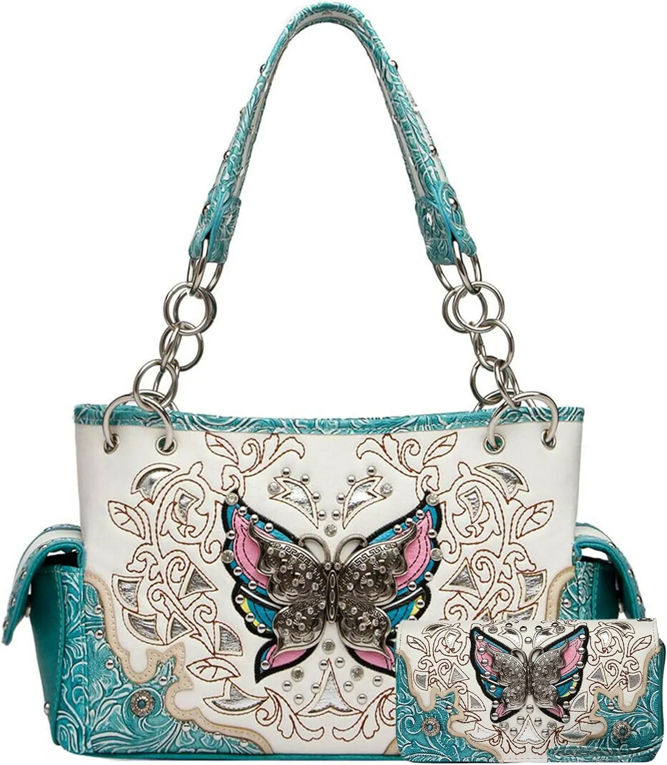 Western Style Springtime Embroidery Butterfly Floral Leather Totes Purse Country Handbag Women Shoulder Bag Wallet Set