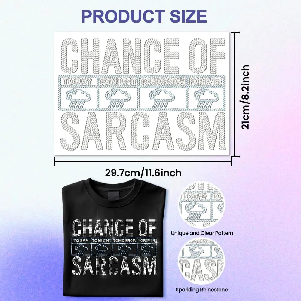 White Rhinestone Iron on Transfer Chance of Sarcasm Bling Diamond Hotfix Patches for Clothes, 11.6"x8.2" Large Iron On Sequin Applique for Jeans Jacket Caps Bag T-Shirts Shoes DIY Decor