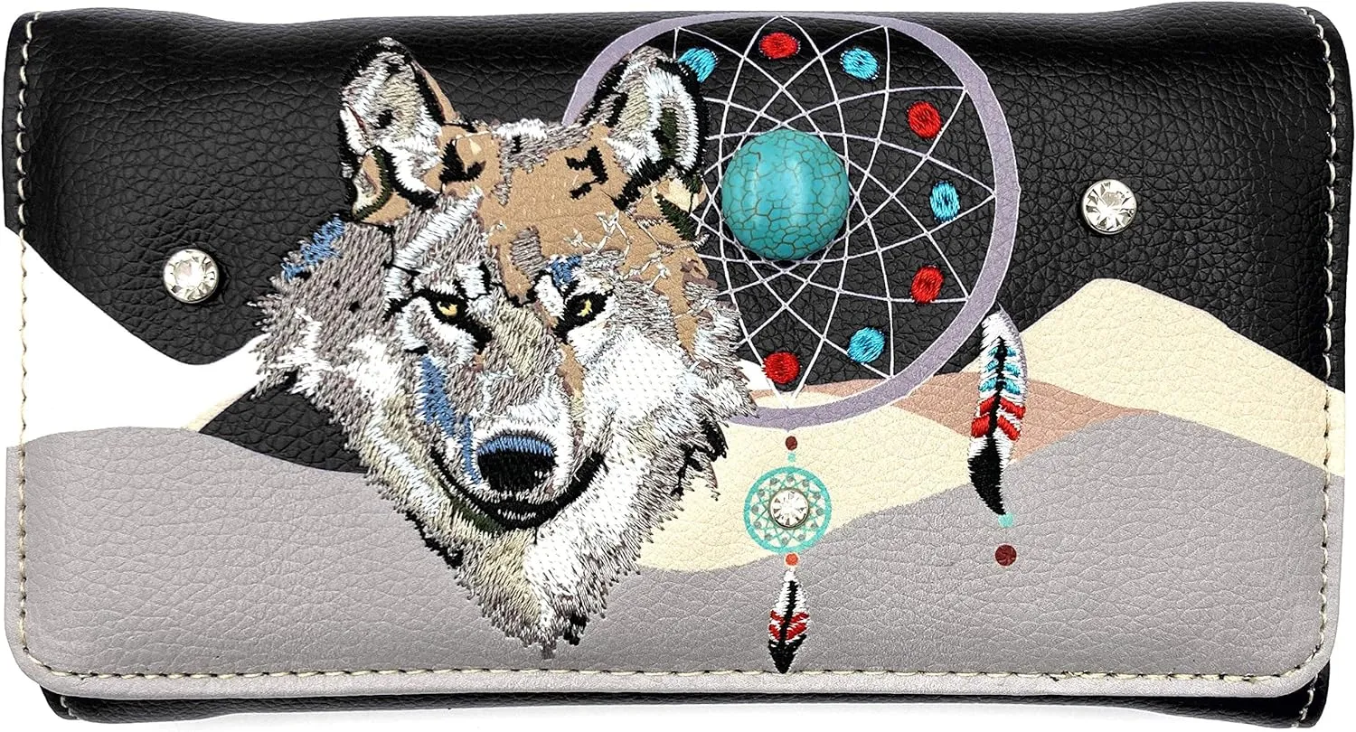 Wolf Embroidery Dream Catcher Feather Tribal Conceal Carry Tote Handbag Purse