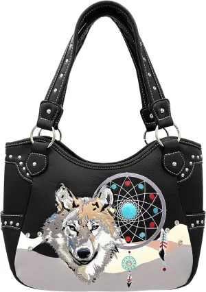 Wolf Embroidery Dream Catcher Feather Tribal Conceal Carry Tote Handbag Purse